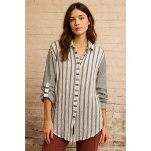 Jane + Delancey Top 1X Crinkled Gauze Button Up Artsy Stripes Coastal Beachy